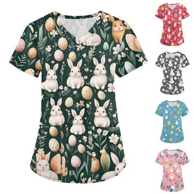Women's Fashion V-neck Short Sleeve Workwear With Pockets Printed Tops