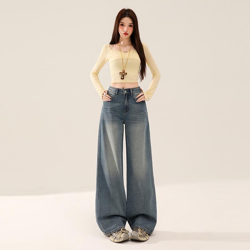 Retro Street American Back Bag Flip Design Jeans Women's New Loose High Waist Versatile Mopping Wide Leg Pants Tide