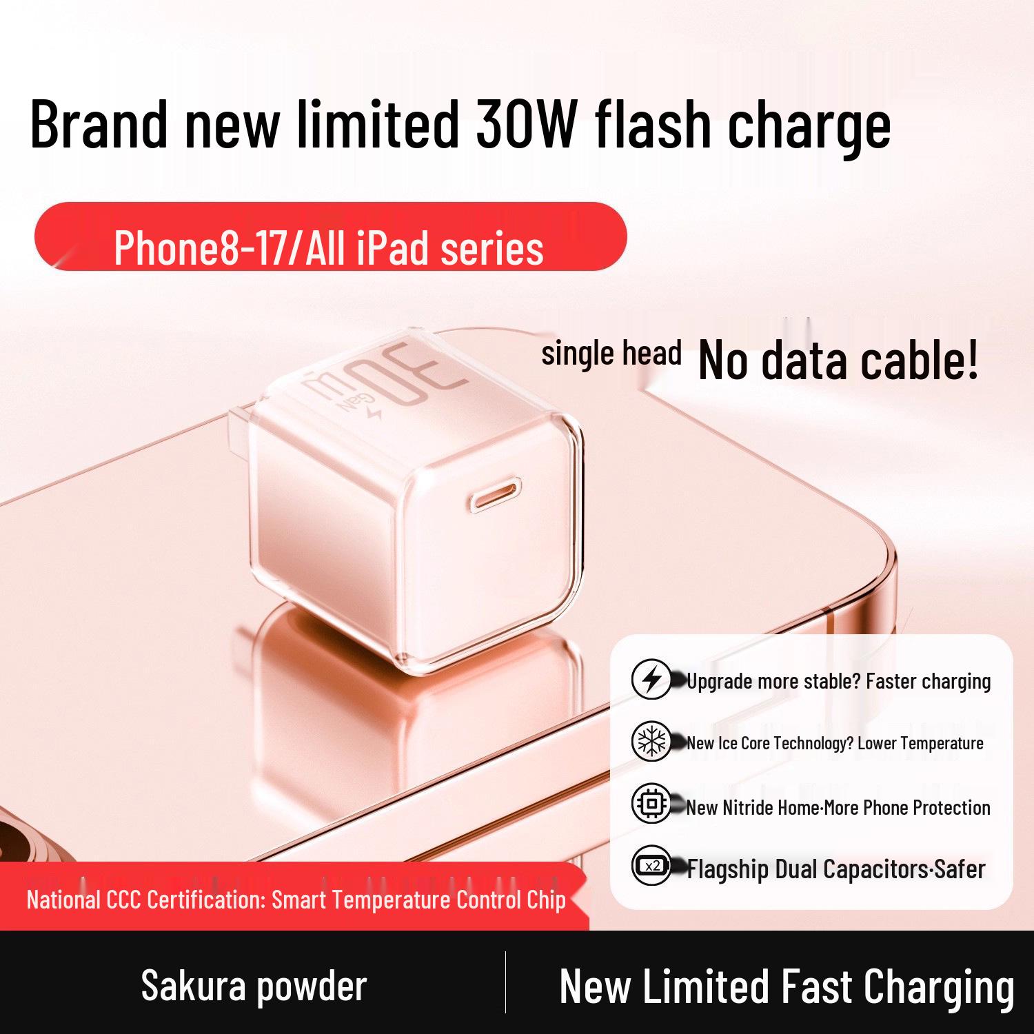 

30W PD Flash Charge Adapter for Apple 5-17 Single Head C-port Pink