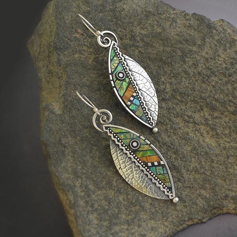 Bohemian Colore Tono Verde Metallico Foglia Pendente Sposa Orecchini da Sposa Donna Retro Tribale Astratto Pietra Colorata Pendenti Vintage Pendenti