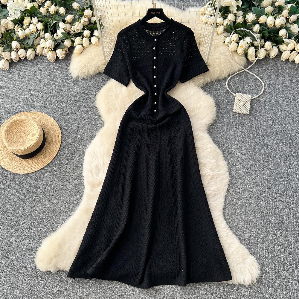 French small fragrant dress women's spring dress new celebrity high-end sense bead round neck waist knitted long dress