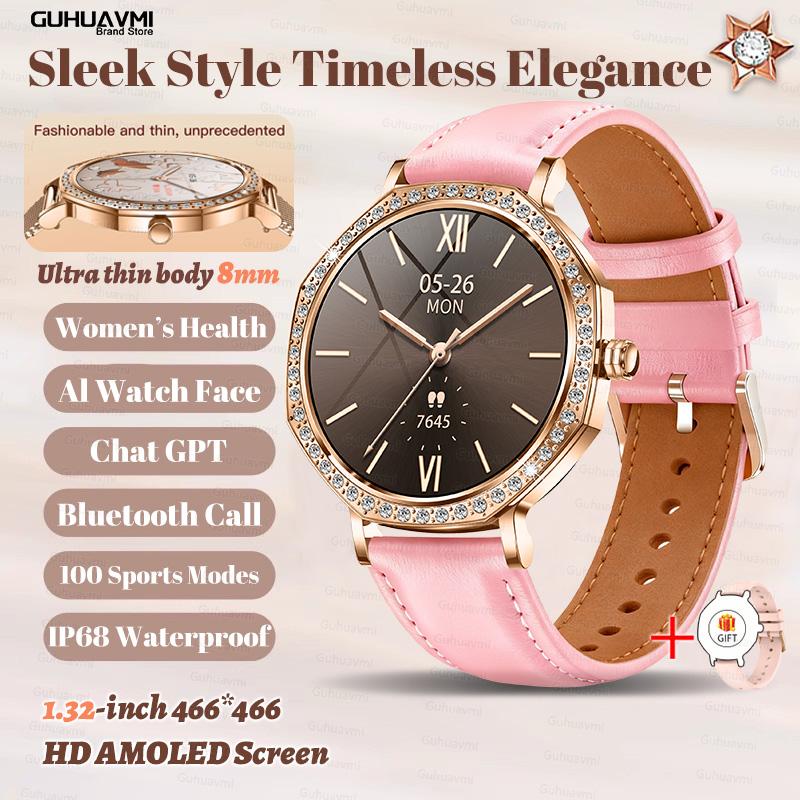 New Luxury Diamond Smart Watch For Women 8mm Ultra Thin Body Bluetooth Call Heart Rate IP68 Waterproof Smartwatch Rose Gold