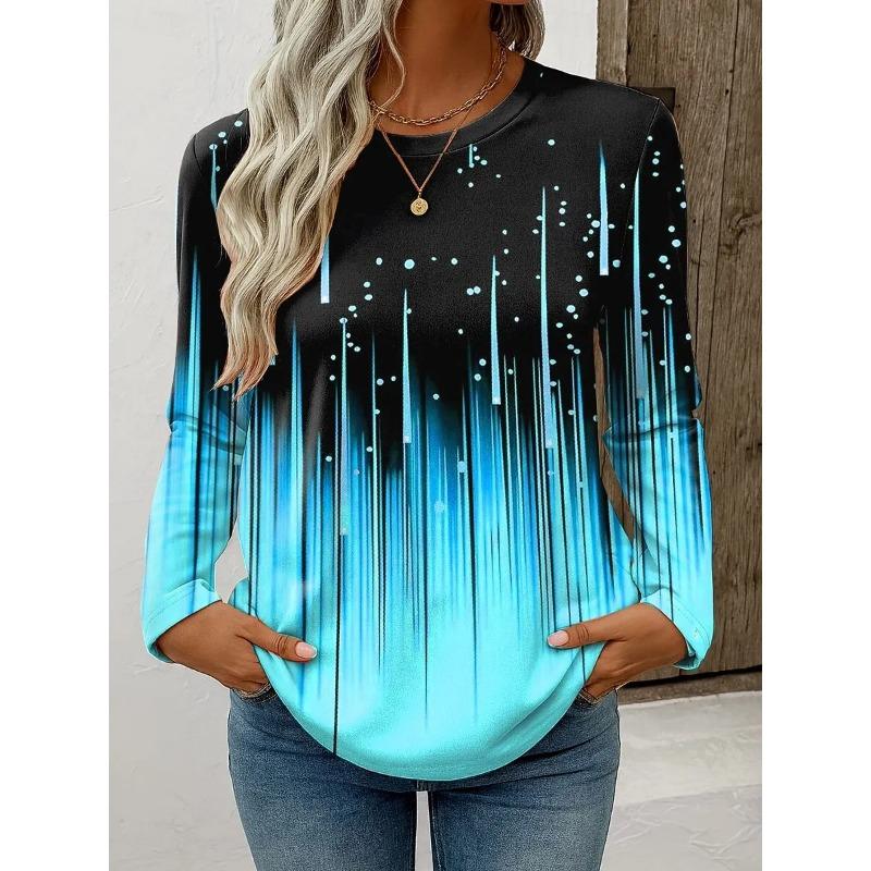 Spring and Autumn Round Neck 3D Gradient Colorful Printed Top Fashionable Casual Long Sleeved Women's T-shirts