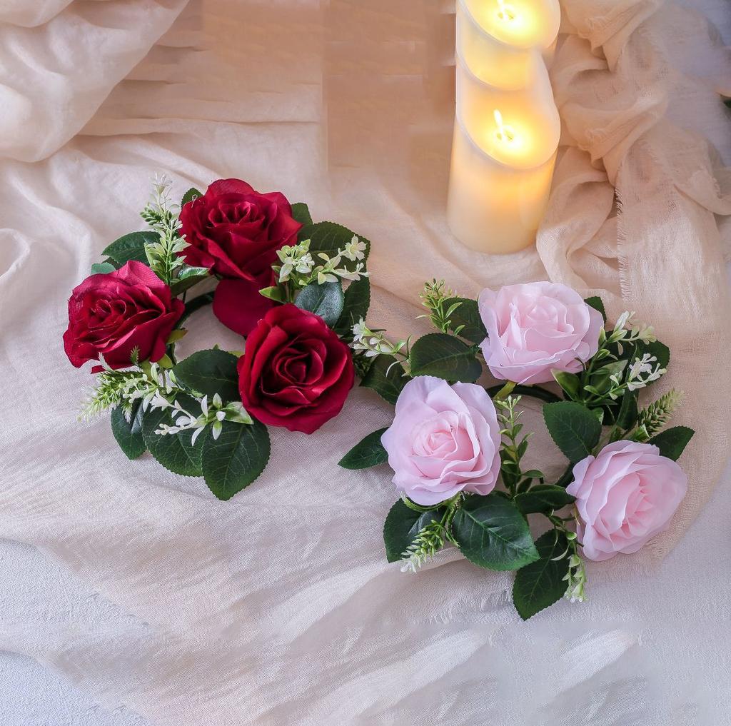 Flower Wreath for Table Small Candle Rings for Wedding Party Christmas Decor Rose Wreaths for Valentine's Day Spring Summer