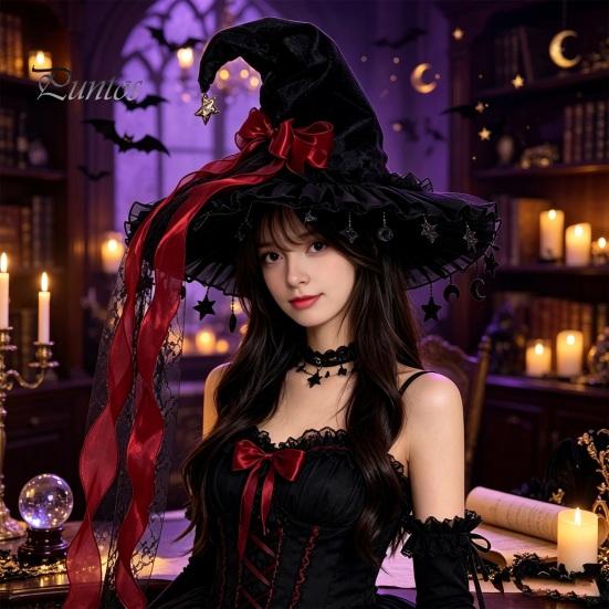 Comic Exhibition Props Halloween Witch Hat, Gothic Dark Wizard Costume Headpiece for Women, Spooky Velvet Cone Mysterious Theme Party Hat with