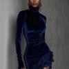 European Style Velvet Turtleneck Dress With Lace Hem For Evening Parties