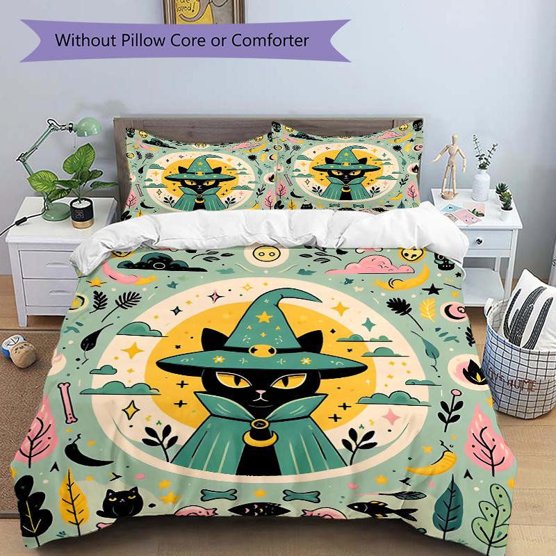 

3pcs Green Wizard Cat Bedding Set - Includes Quilt Cover and Pillowcases, Suitable for All Seasons N043 135x200cm