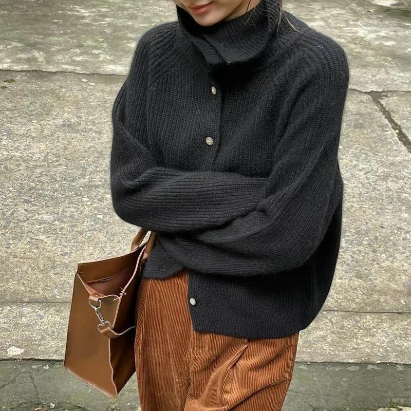 High Neck Knitted Cardigans Vintage Casual Single Breasted Sweater Chic Solid Color Long Sleeved Knitwear