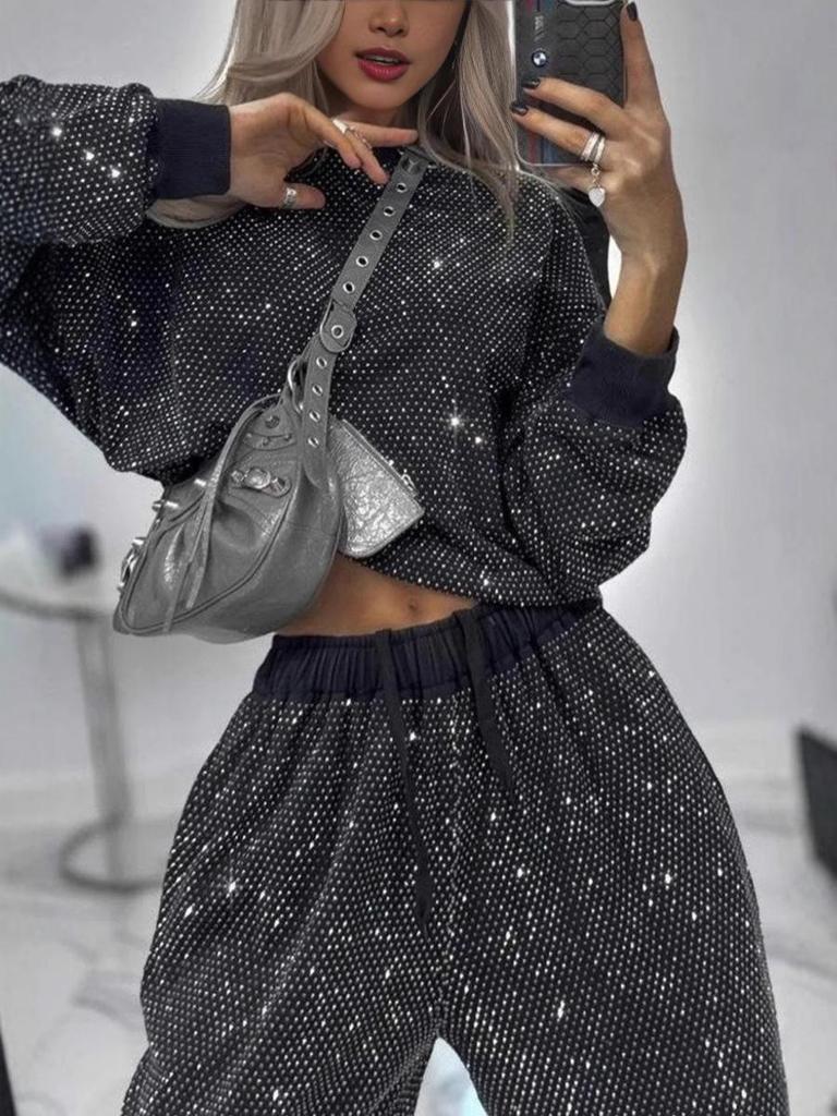 Starry Sky Baby's Breath Loose Two-Piece Set: Long-Sleeve Round Neck Top & Drawstring Wide-Leg Pants for Women - Perfect for Autumn & Winter.