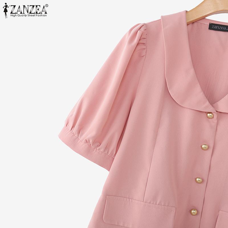 ZANZEA Women Casual Lapel Neck Short Sleeve Solid Color Office Short Blouse