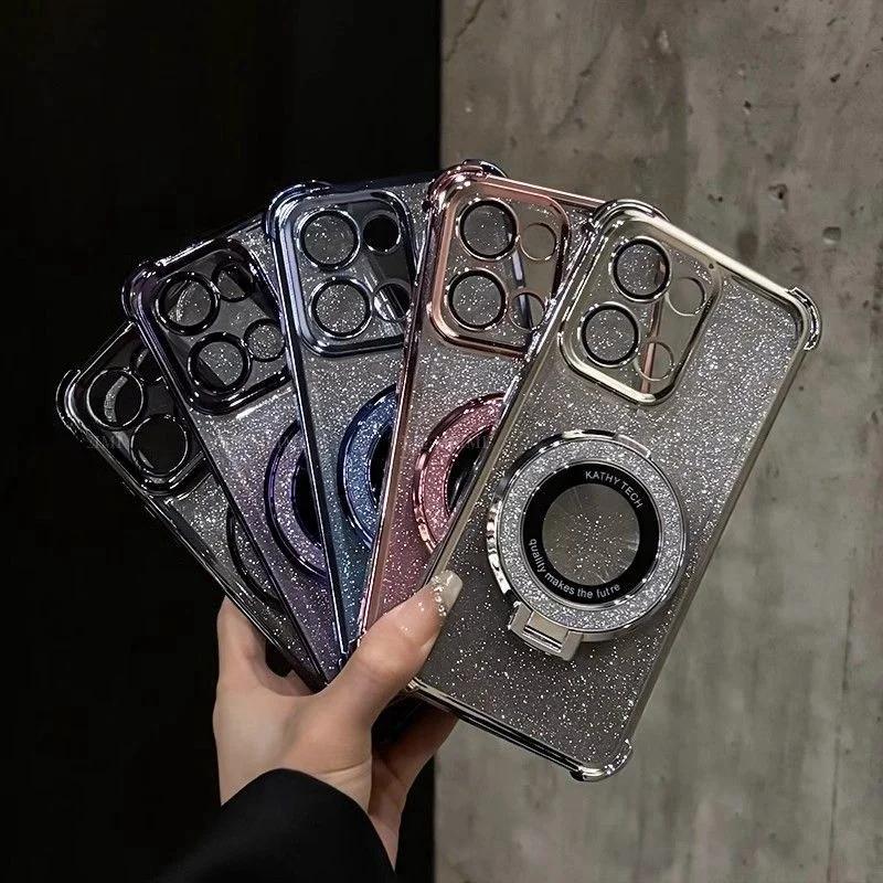 Glitter Magnetic Mirror Holder Case For OPPO A79 A2 5G A78 A38 A18 A17 A16 A15 A15S A3 PRO A76 A96 A57 2022 A54 A58 A53 A33 2020