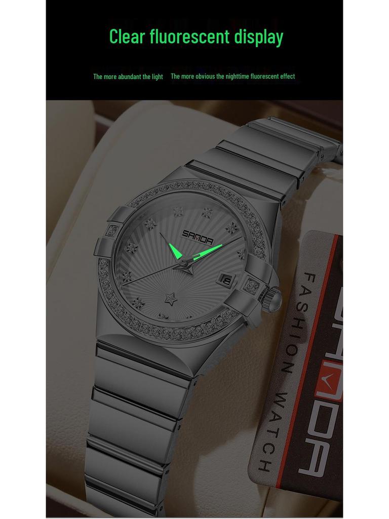 Sanda Women's Luminous Sunray Dial Quartz Watch with Vintage Calendar & Diamond Accents, Waterproof.