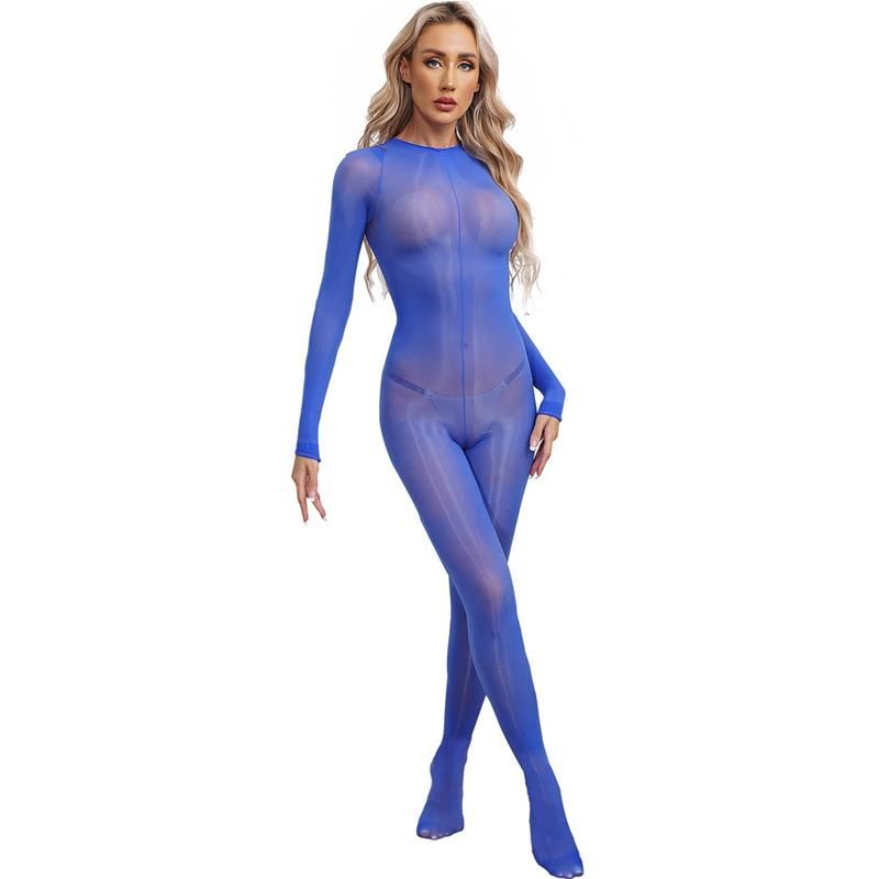 Womens Glossy Unitard See-through Stretchy Bodystocking Long Sleeve Bodysuit Valentines Day Nightwear