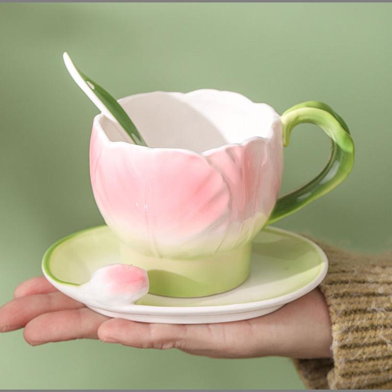 French Color Ceramic Coffee Mug Saucer Spoon Creative Tulip Perfume Cup Three-Dimensional Flower Afternoon Camellia Tea Cup Gift