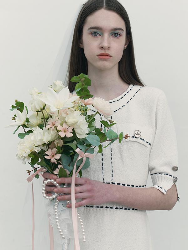 Kirsh Color Stitch Point Knit Dress [Ivory]