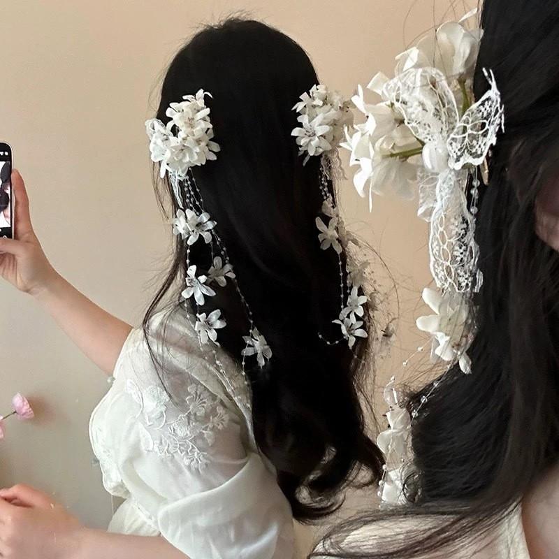Fabric Lace Bow Hair Clip Female Sweet Flower Elegant and Versatile Duckbill Clip Hair Accessories