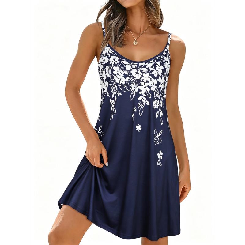 Summer Women's Simple and Elegant Daisy-Print Spaghetti-Strap Dress Round-Neck Fashionable Casual Dress
