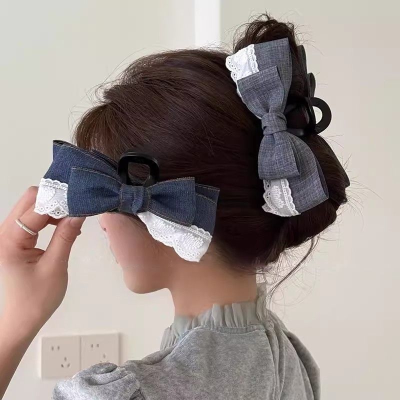 1pc Korean Style Fashionable Denim Bow Clip, New High-end Hair Clip, Large Shark Clip Headpiece At the Back of the Head