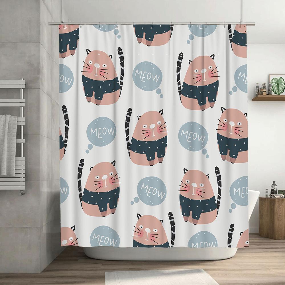 Whimsical Cat Shower Curtain Pink Black Striped Feline Print Polyester Fabric Waterproof Home Decor Item For Bathroom