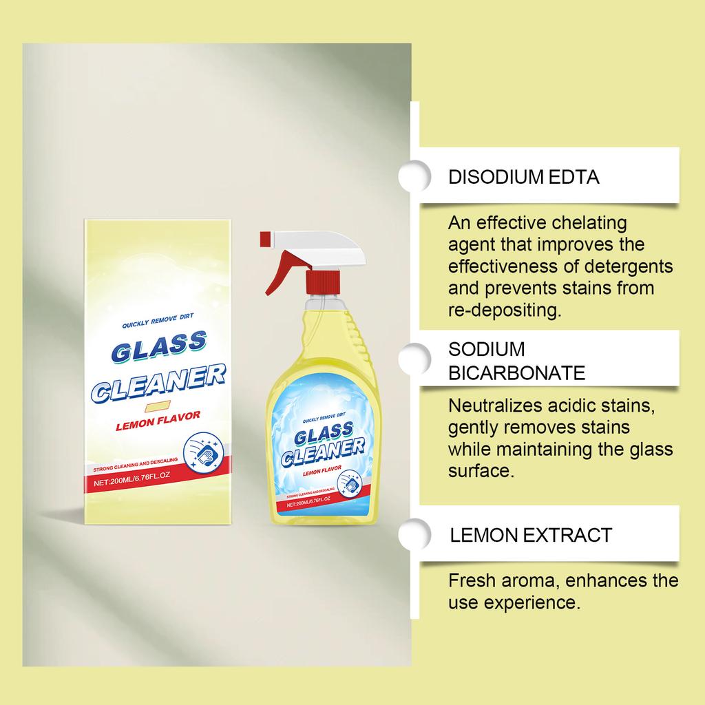 Glasreiniger mit Zitronenduft, Reinigt Glasflecken und Schmutz; Geeignet für den Hausgebrauch. 200 ml