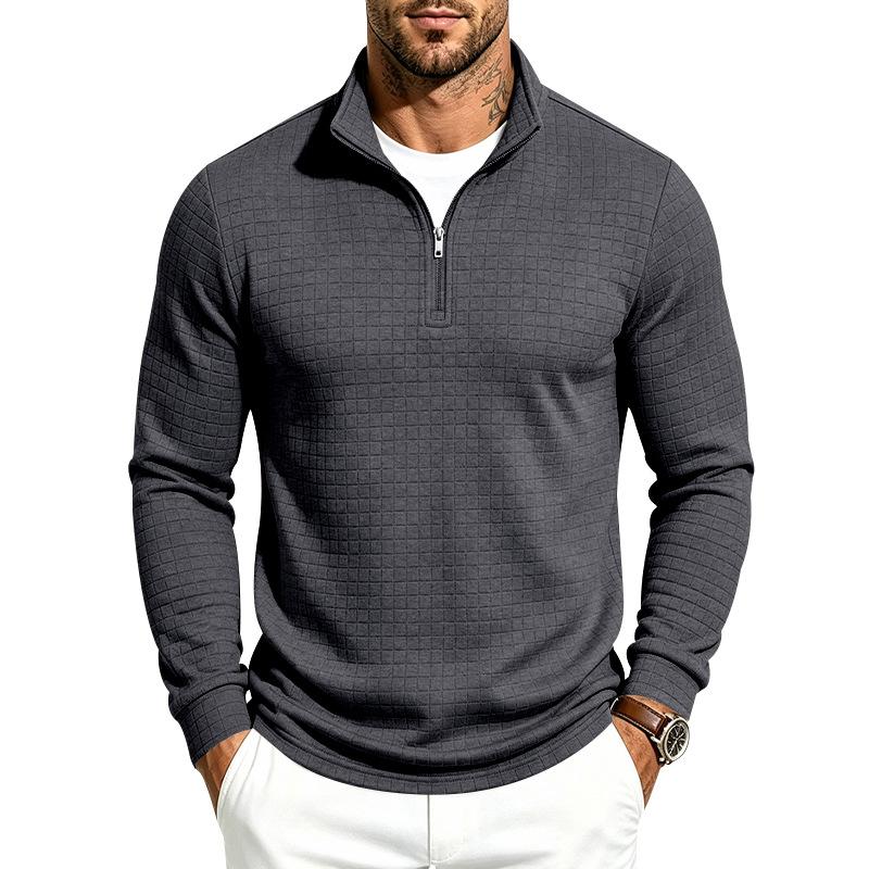 Men Solid Waffle Textured Half Zip Sweatshirt Stand Collar Long Sleeve Casual Knit Pullover Tops
