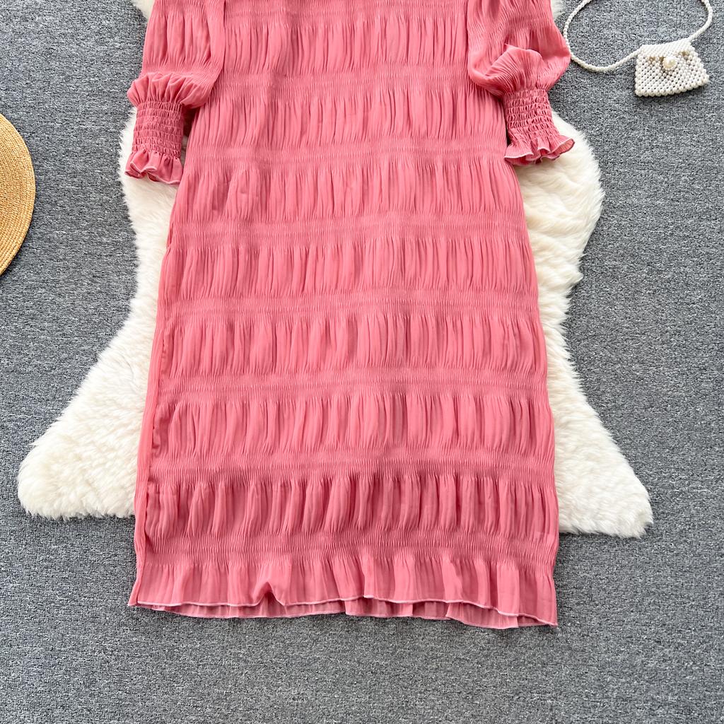 Podzimní Vintage Dámské Řasené Volné Midi Šaty Elegantní Kulatý Výstřih Bufované Dlouhé Rukávy Župan Ležérní Šaty Nové