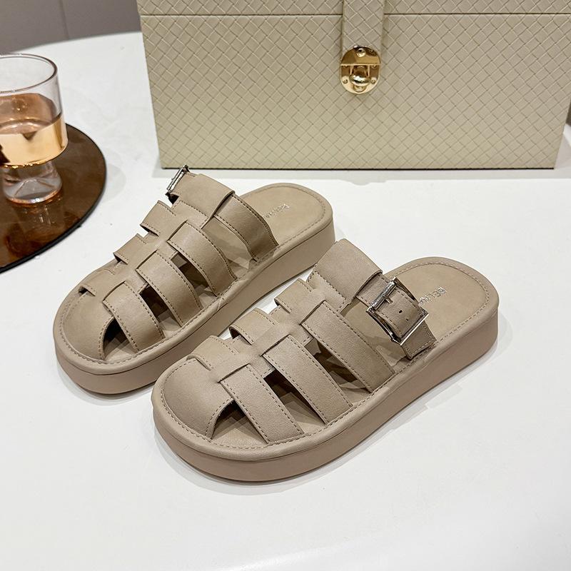 Baotou Half Slippers Women's Summer 2025 New Korean Version Flat-bottomed Buckle Outer Wear Casual Cool Slippers Beach Cool Slippers