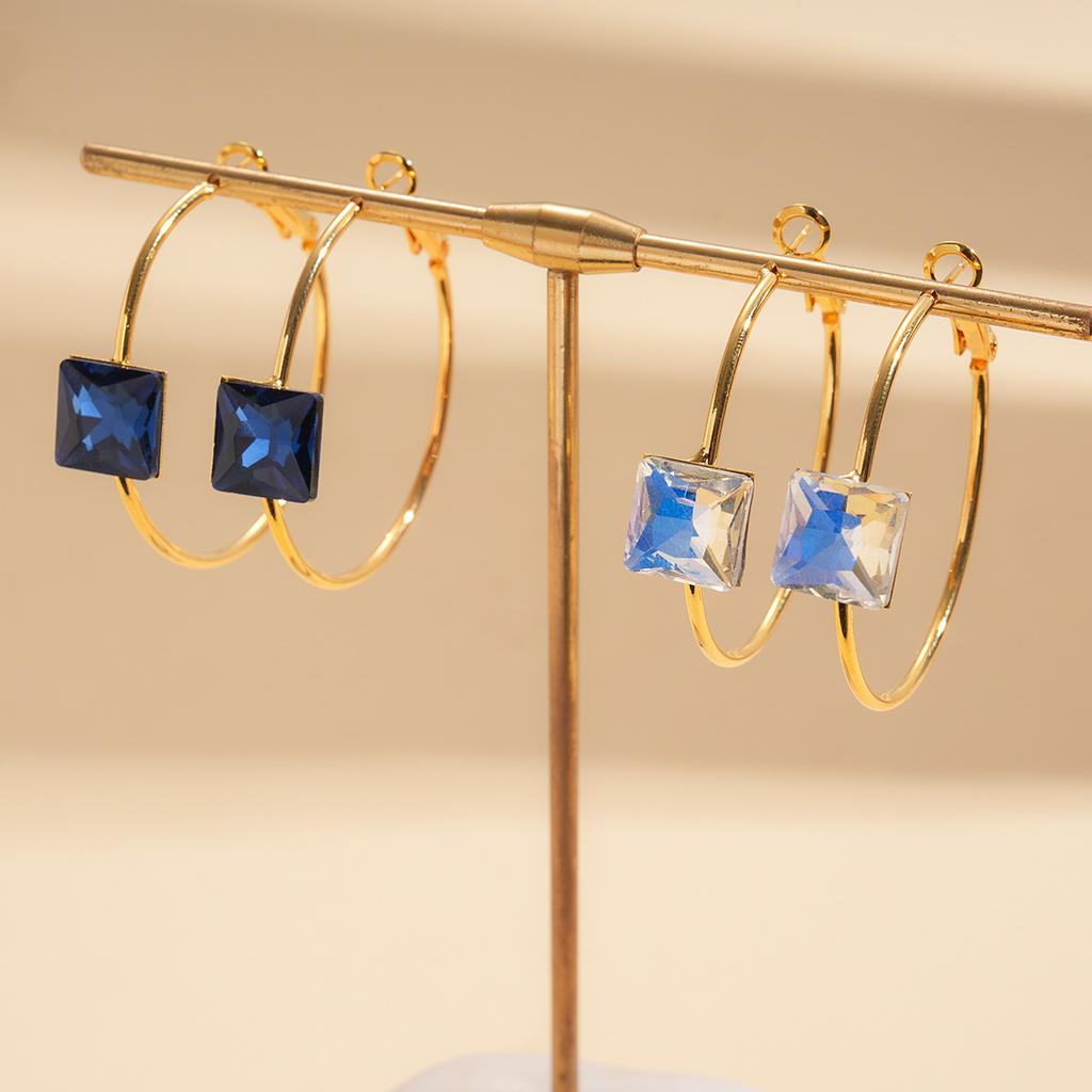 24k Real Gold Electroplated Diamond-set Round Ring Square Silver Needle Earrings European and American Light Luxury Earrings Niche Earrings