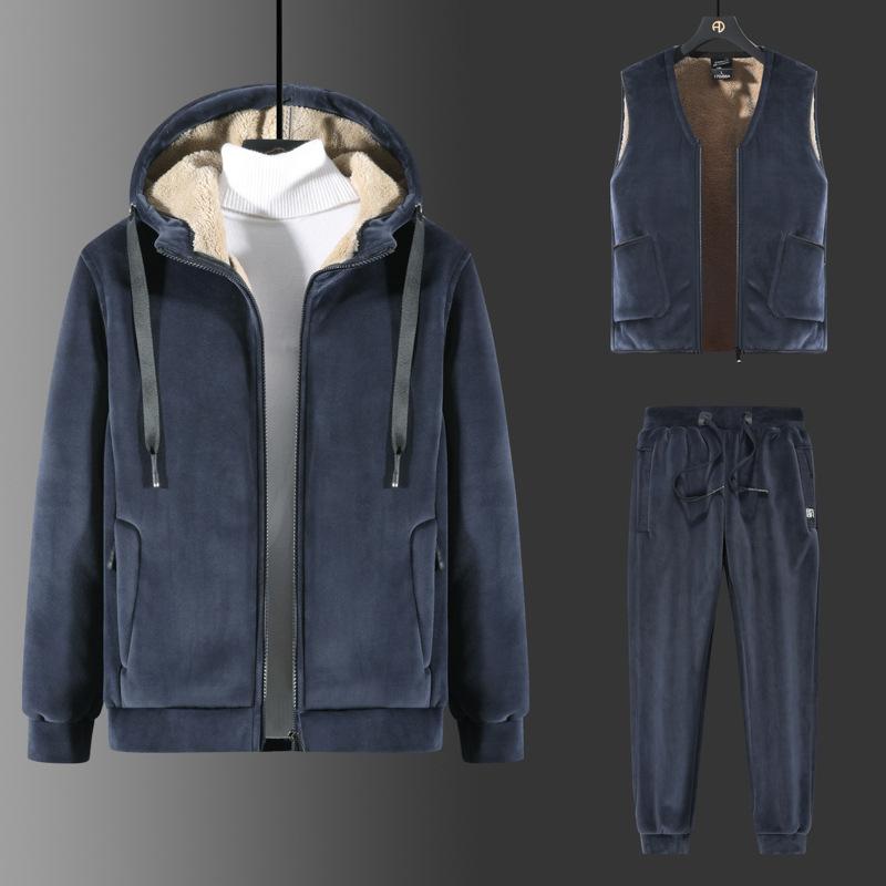 Three-Pieces Lamb Cashmere Set Men Warm Lamb Wool Sets Winter Plus Velvet Thick Tracksuits Men's Set Hoodies+Vests+Pants