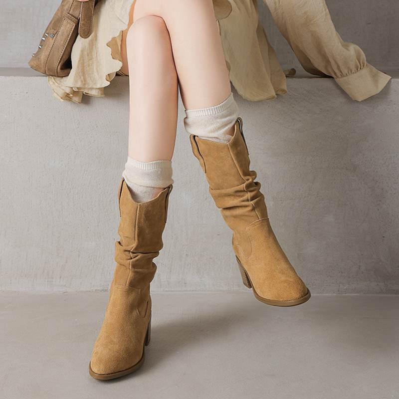 Krazing Pot Cow Suede Nubuck Winter Round Toe Modern Boots Med Heels Slip On Pleated Decoration Women Mid-calf Boots