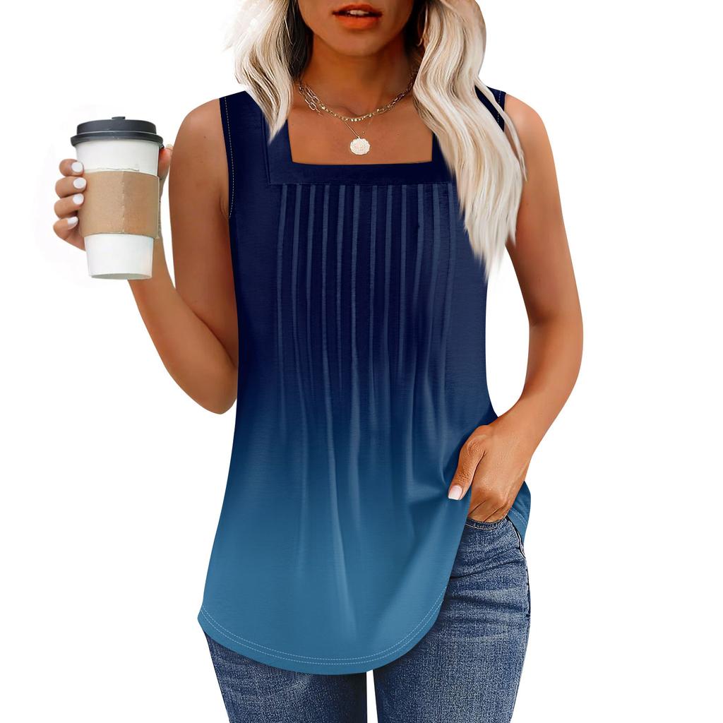 Tanktopp for kvinner Sommerantrekk Ermeløse Trykte Bluser Casual Løse Skjorter Plissert Firkantet Hals