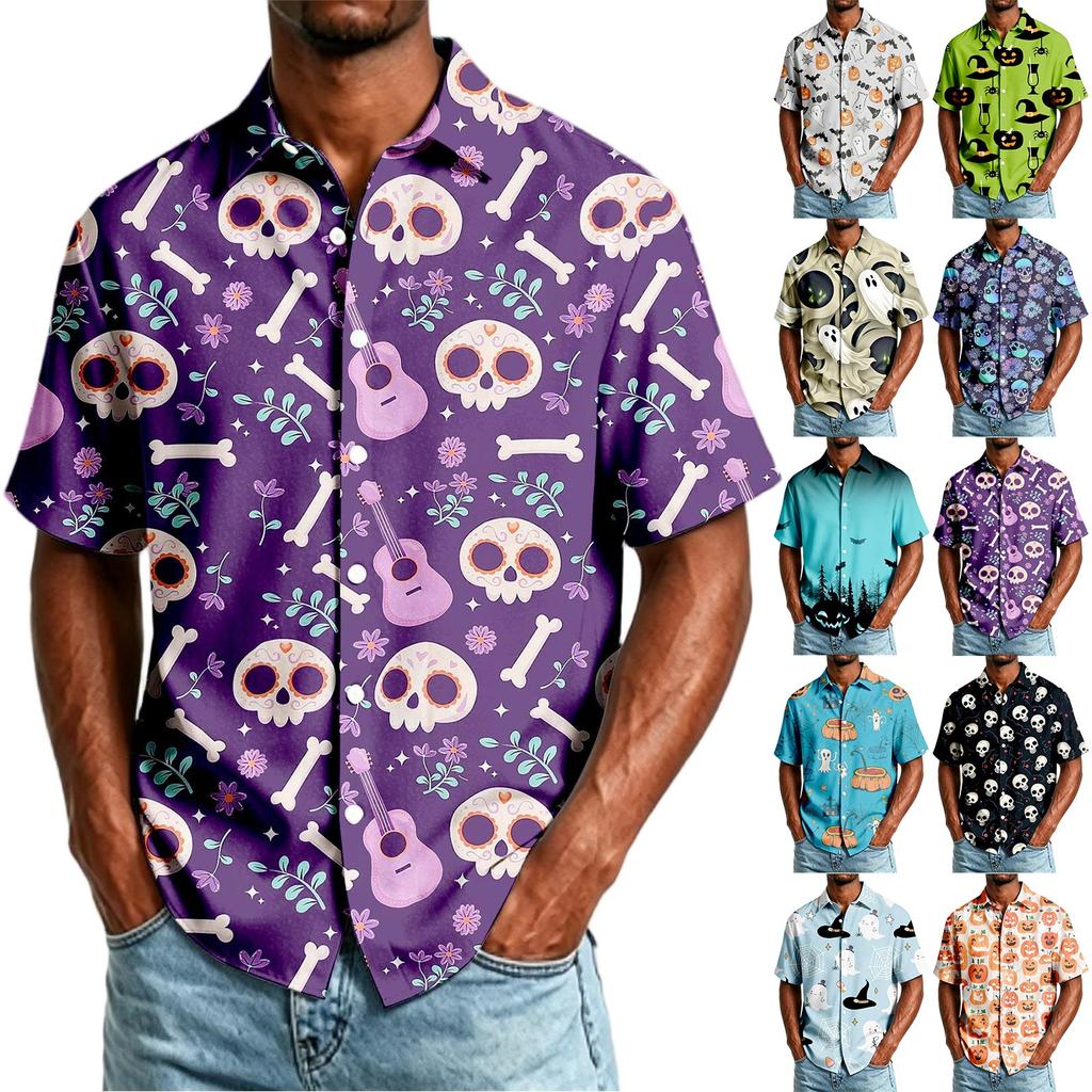 Herren Freizeithemd Kurzarm Button-Down Halloween-Print Leichtes Atmungsaktives Gewebe Lockere Passform Hemd für den Alltag