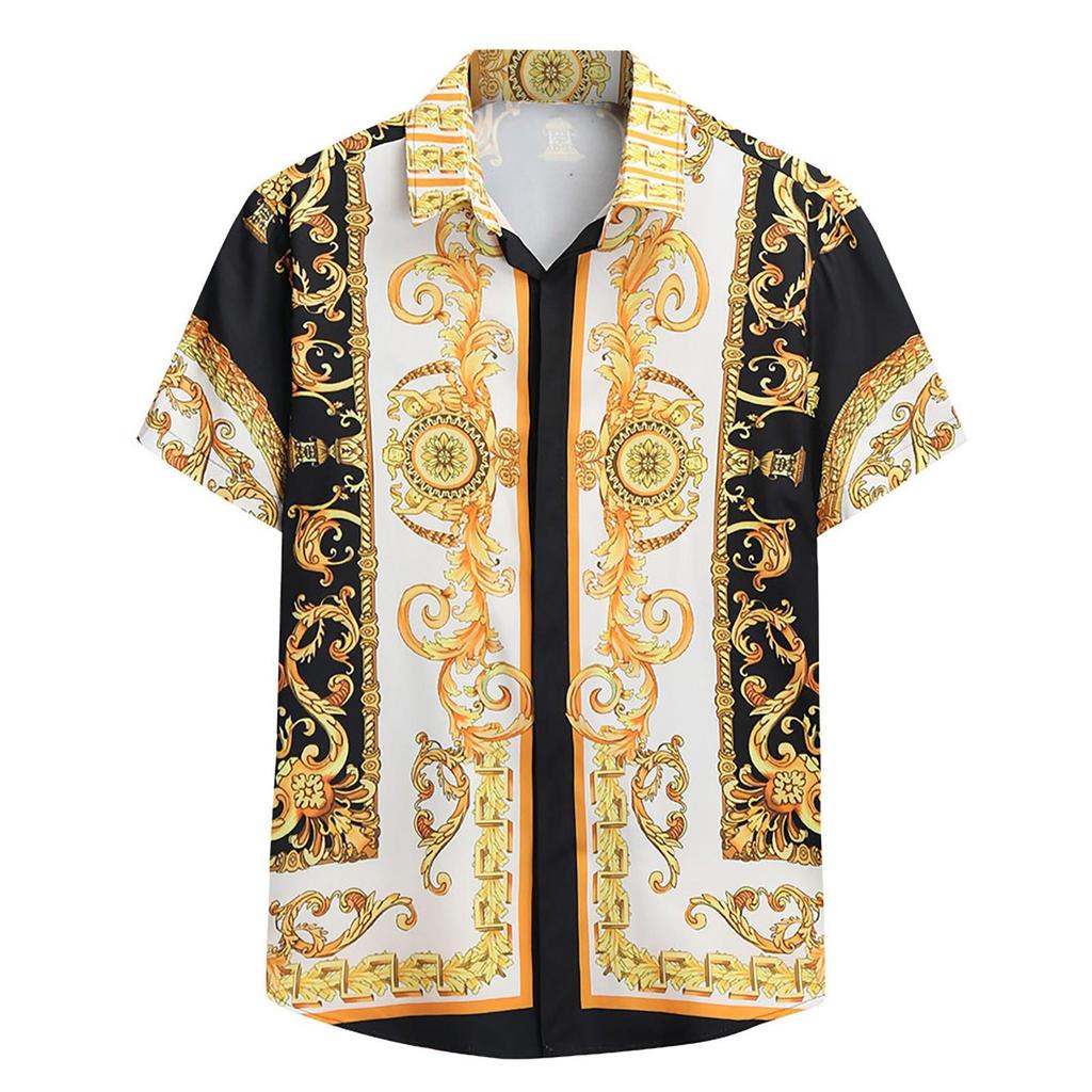 Herren Lässig Locker Kurzarm Ethno-Stil Vintage Print Button-Down T-Shirt