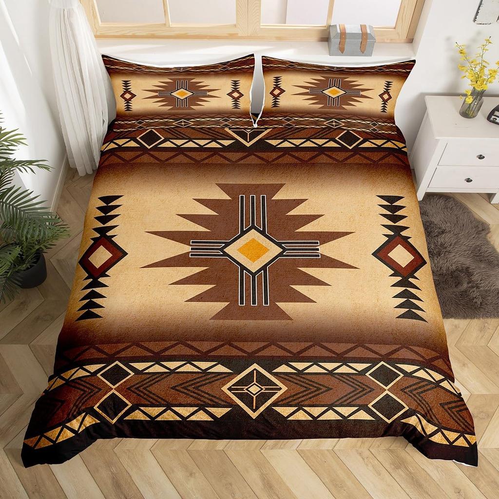 Geometric Aztec Duvet Cover Twin Queen Size,Horseshoe Cactus Western Cowboy Bedding Set,Southwest Rustic Farmhouse Quilt Cover