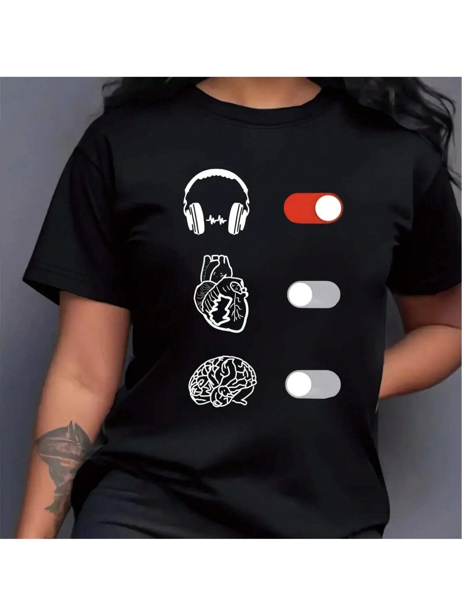 s Graphic Tee - Casual Black Crew Neck T-Shirt With Music & Heartbeat Print, Short Sleeve, , Hine Washab S разноцветный