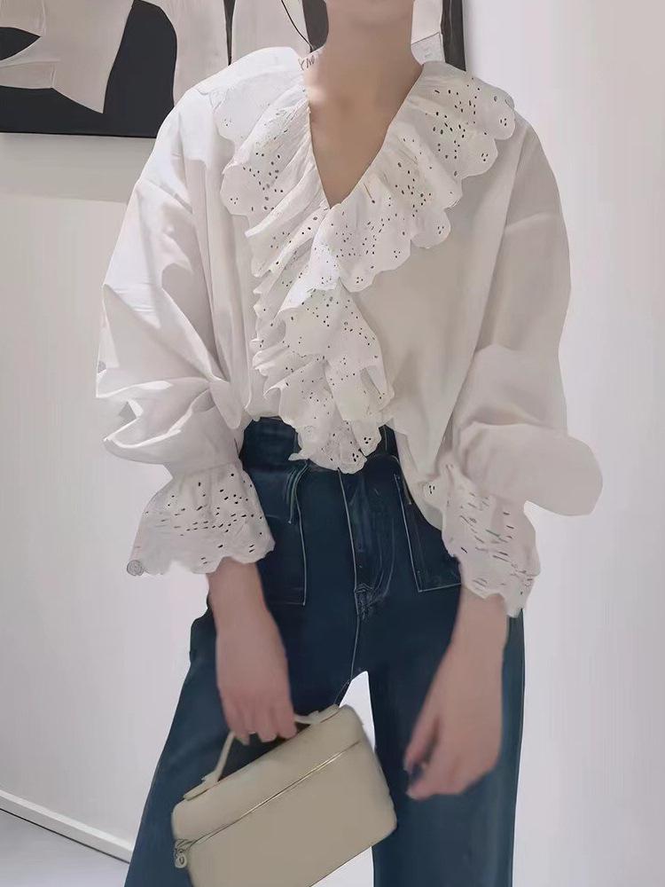 Elegant French V-Neck Ruffle Flare Sleeve Women's Top - Autumn Style