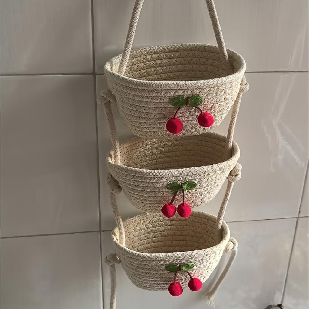 Farmhouse 3-Tier Hanging Basket. Hand-Woven Wall & Desk Storage. Detachable Rope. Perfect Home Organizer, Stylish Room Decor.