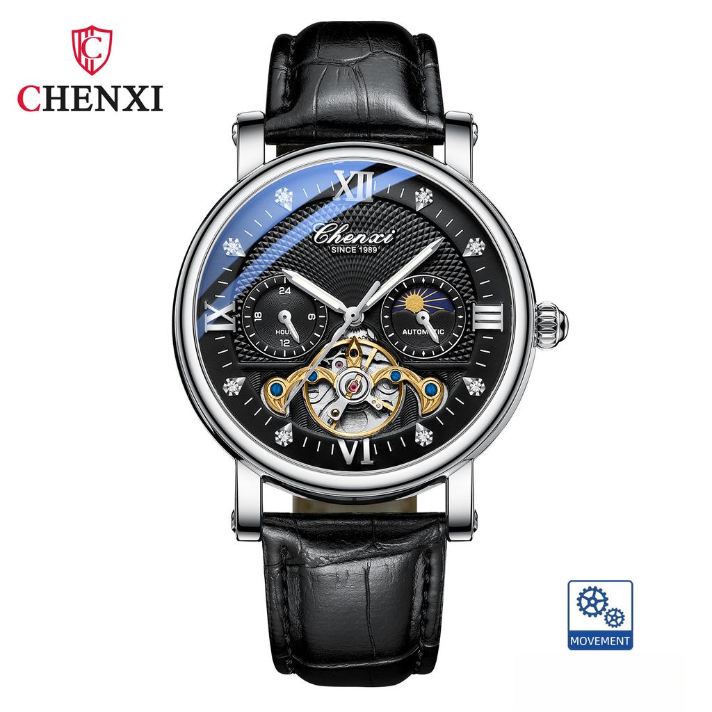 CHENXI Fashion Automatic Mechanical Watch Sun Moon Phase Tourbillon Waterproof Leather Strap Alloy Case Men's Watch