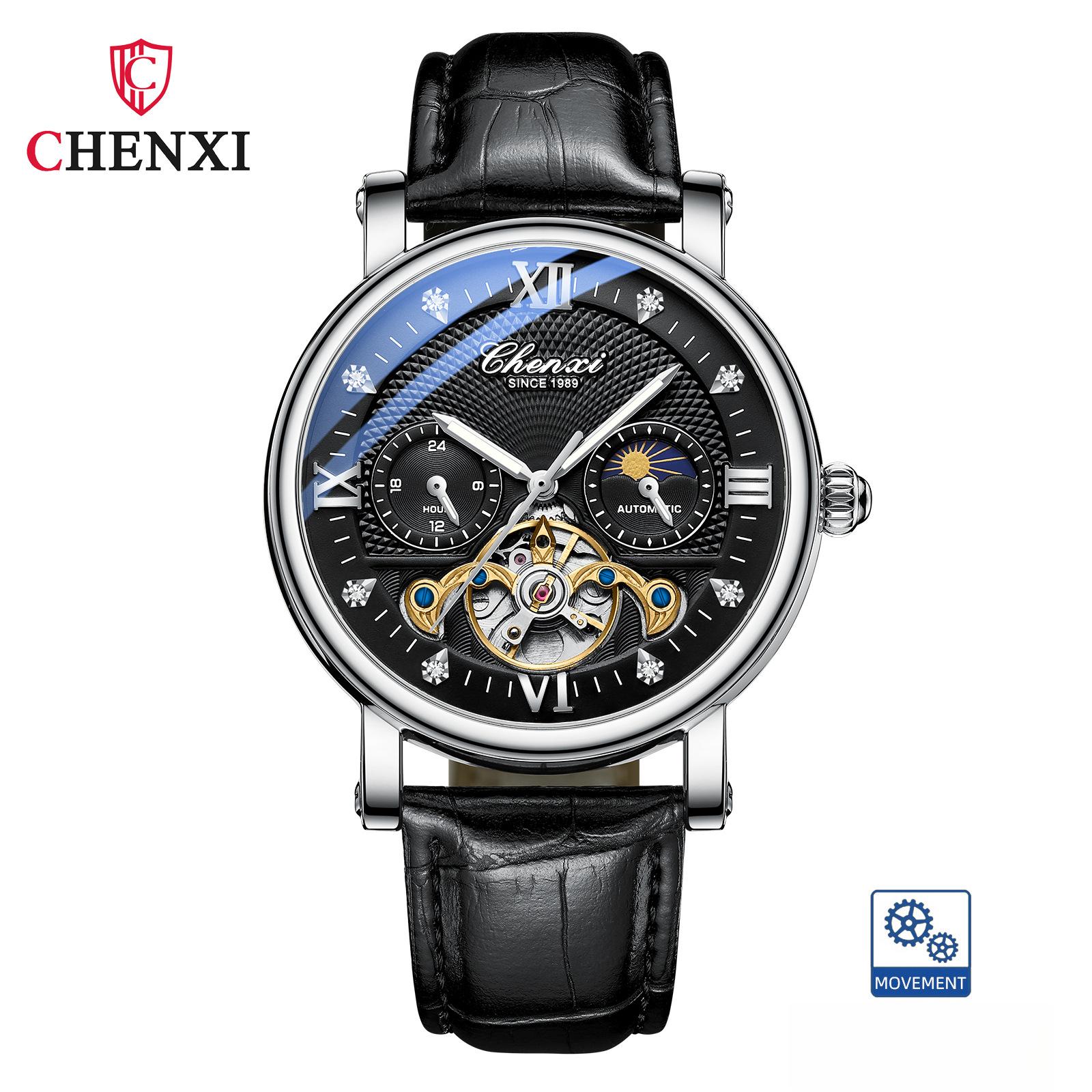 

CHENXI Модные автоматические механические часы Фаза Луны Турбийон Водонепроницаемые кожаный ремешок Корпус из сплава Мужские часы Belt серебряный/чёрный