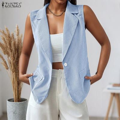Damen Lässig Umlegekragen Ärmellos Streifen Strickweste
