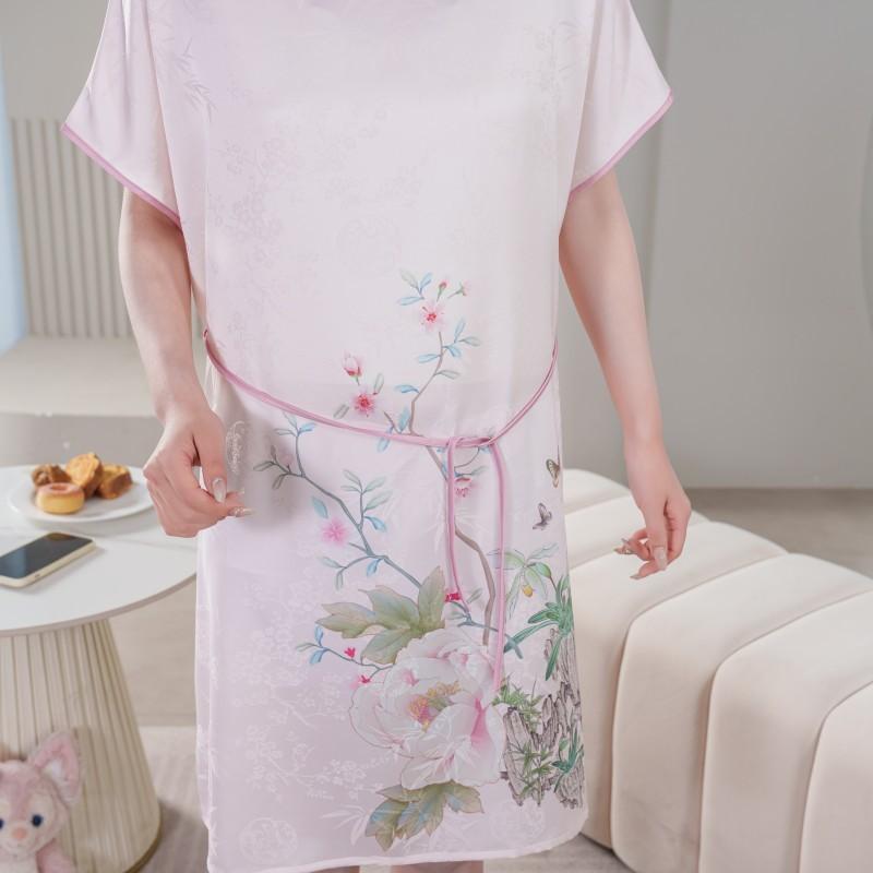 

Silkworm silk simulation silk nightdress spring and summer new silk loose large size loungewear women s new Chinese style national style lace-up cover one size fits all