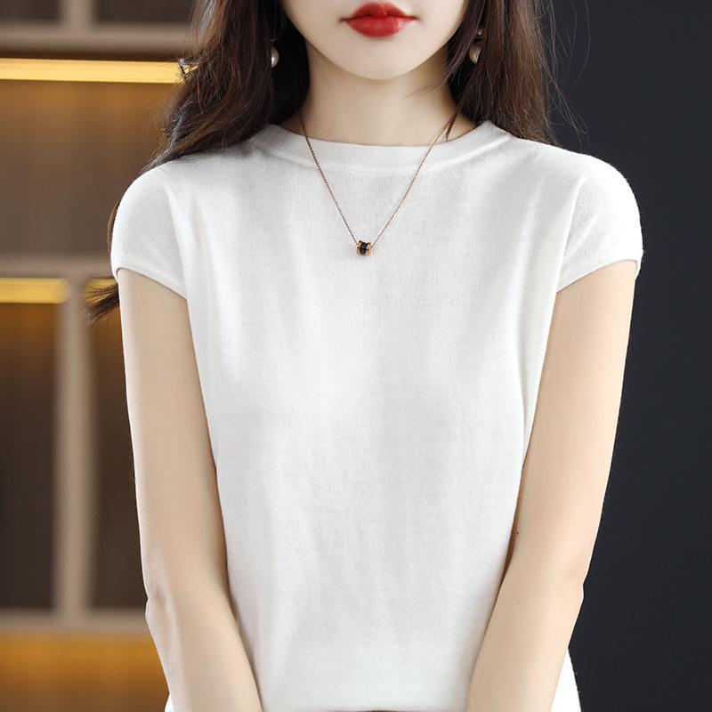 Dámský letní vlněný pletený top s krátkým rukávem a kulatým výstřihem