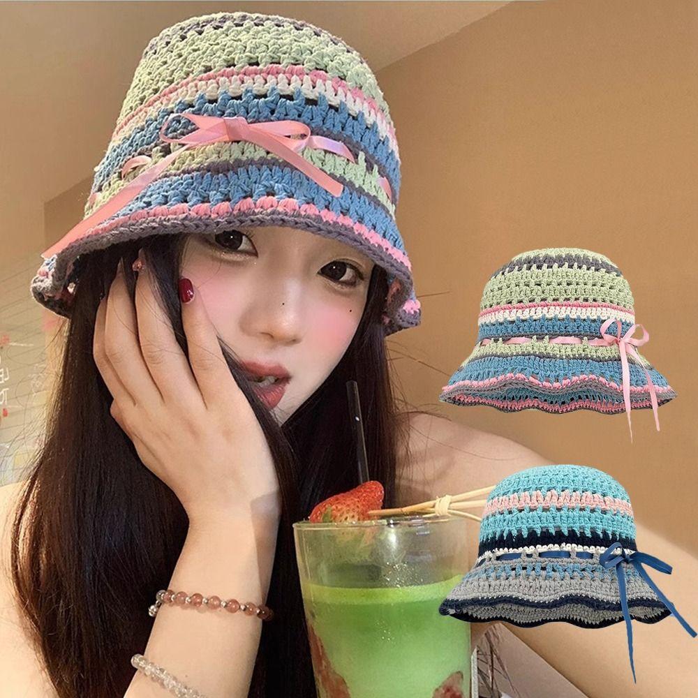 Handmade Knitted Bucket Hats Bow Ribbon Weave Hats Ins Hollow Basin Cap  Streetwear