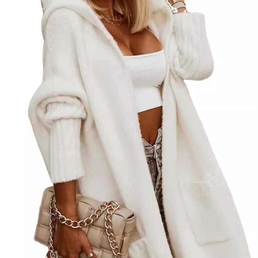 Women's Autumn and Winter Long Sleeve Lapel Hooded Long Cardigan Loose Sweater Jacket