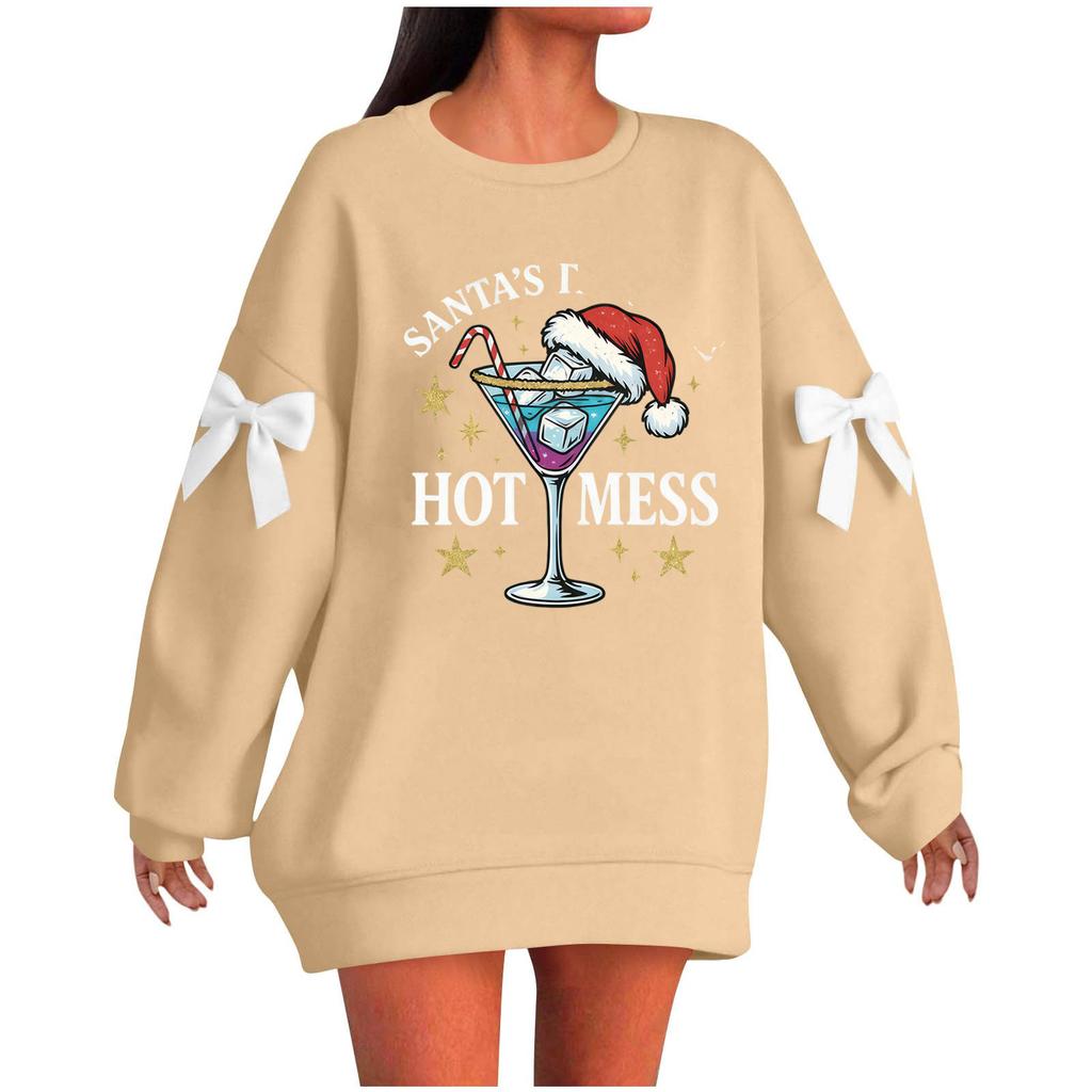 Ladies' Christmas Printed Bow Round Neck Long Sleeved Loose Pullover Sweater Sweatshirt Top