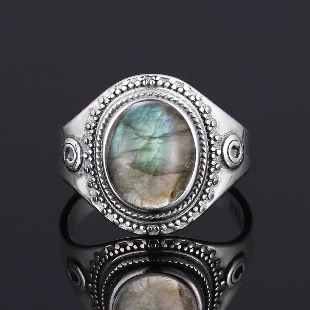 Ring for Women Oval Round Natural Labradorite Ring Gift Sun Shaped Retro Luxury Fashion Jewelry