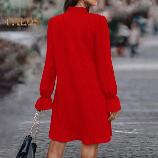 Women Dress Lace-up Bow Faux Pearl A-line Puff Sleeves Pure Color Above Knee Length Mini Dress Prom Party Dating Short Dress