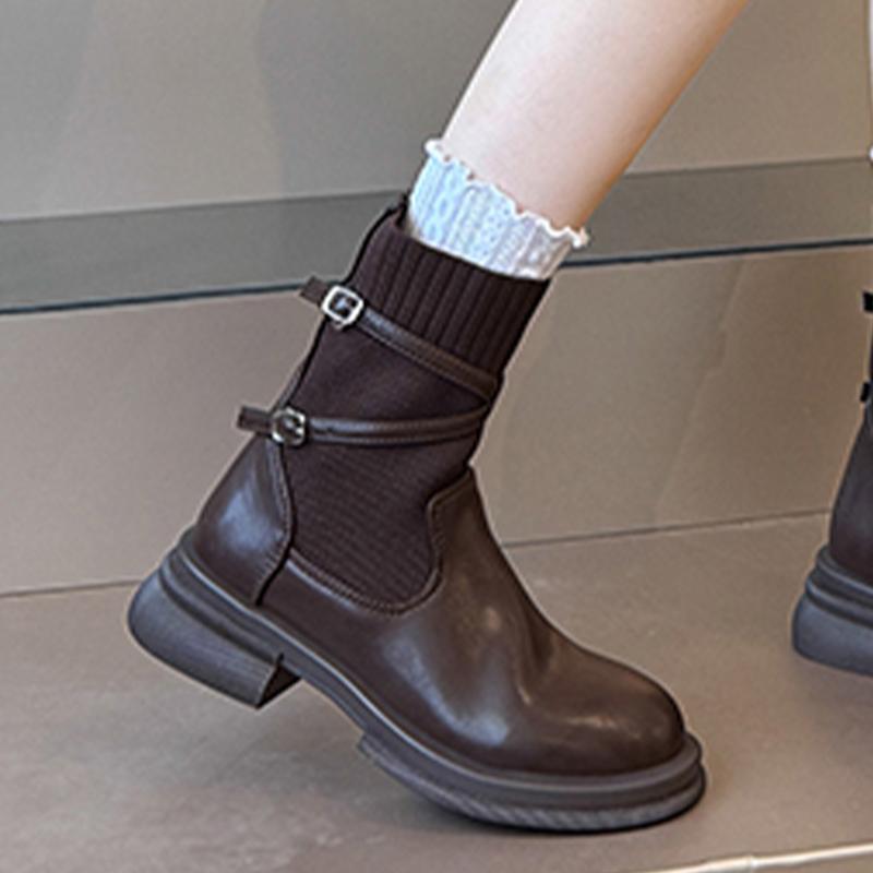 Women's Ankle Boots Flats Designer Knitting Shoes Winter  Fashion Chelsea Boots  Trend Goth Leather Snow Mujer De Botas