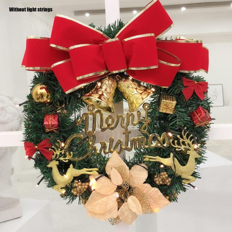 40cm Christmas Wreath with Big Bowknot Holiday Wreath Hanging Decoration for Door Mantels Wall Festival Celebration
