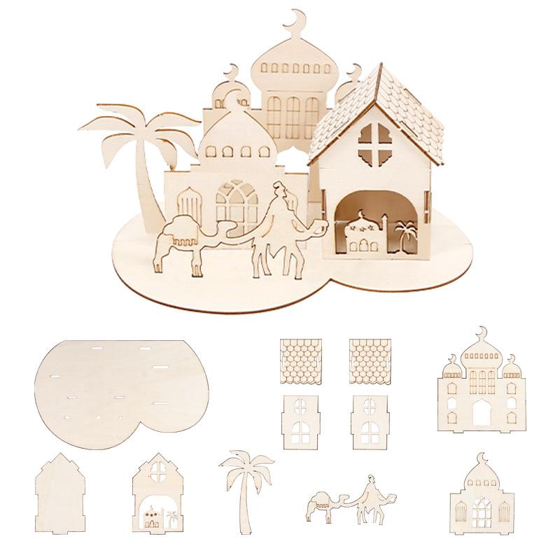 

Wooden Ramadan Castle Table Ornaments Eid Mubarak DIY Wooden Castle Puzzle Decorations Islamic Muslim Party Supplies Kids Gifts